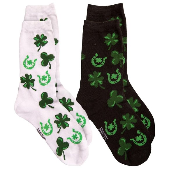 Luck Irish Four Leaf Clover Shamrock Horseshoe Green Foozys 2 Pair Women's Socks - Picture 1 of 5